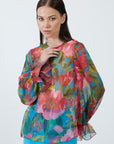 Turquoise Chiffon Blouse With Floral Pattern | Porterist