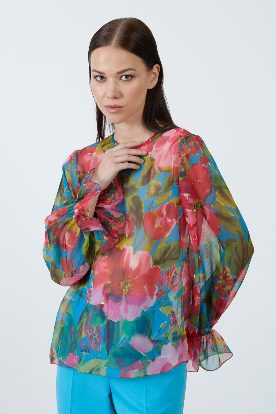 Turquoise Chiffon Blouse With Floral Pattern | Porterist