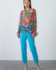 Turquoise Chiffon Blouse With Floral Pattern | Porterist