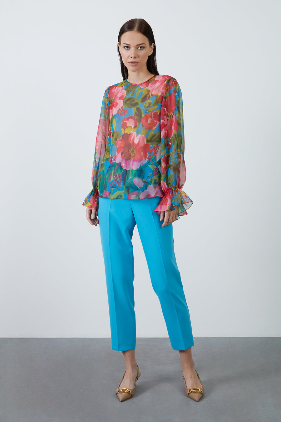 Turquoise Chiffon Blouse With Floral Pattern | Porterist