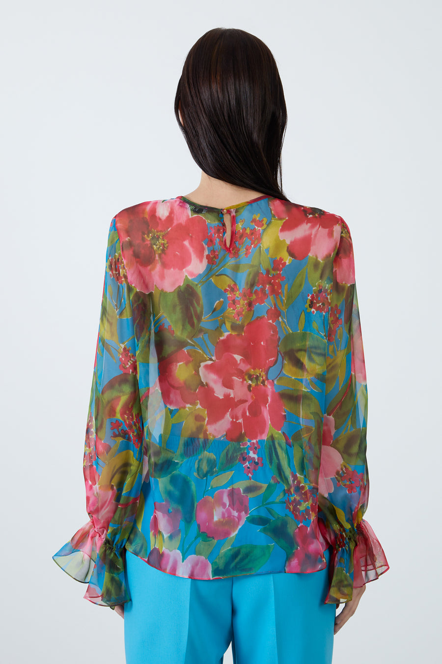 Turquoise Chiffon Blouse With Floral Pattern | Porterist