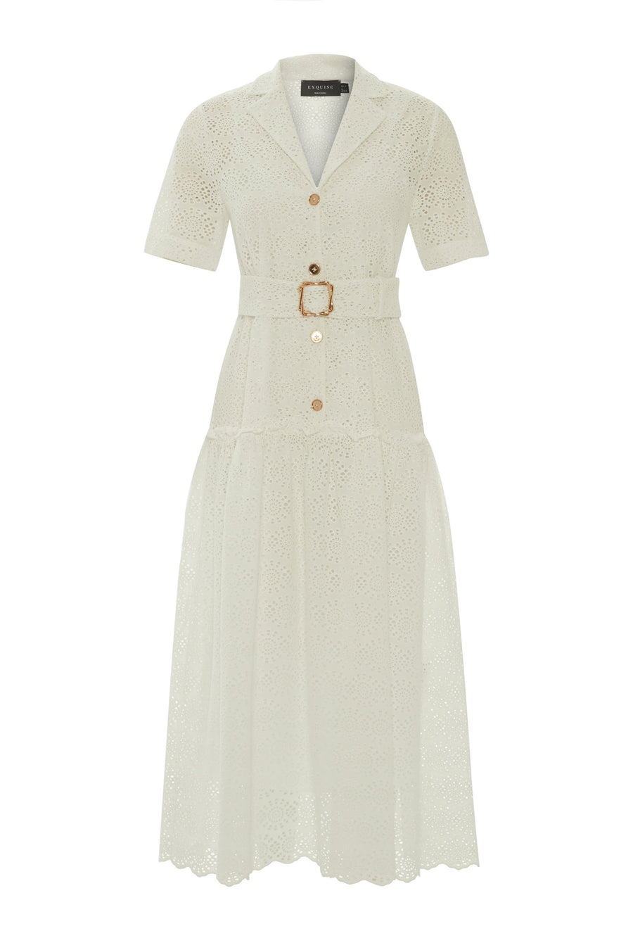 White Embroidered Eyelet Shirt Collar Dress With Belt