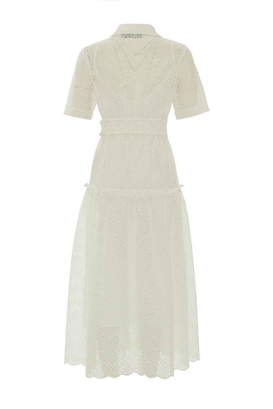 White Embroidered Eyelet Shirt Collar Dress With Belt