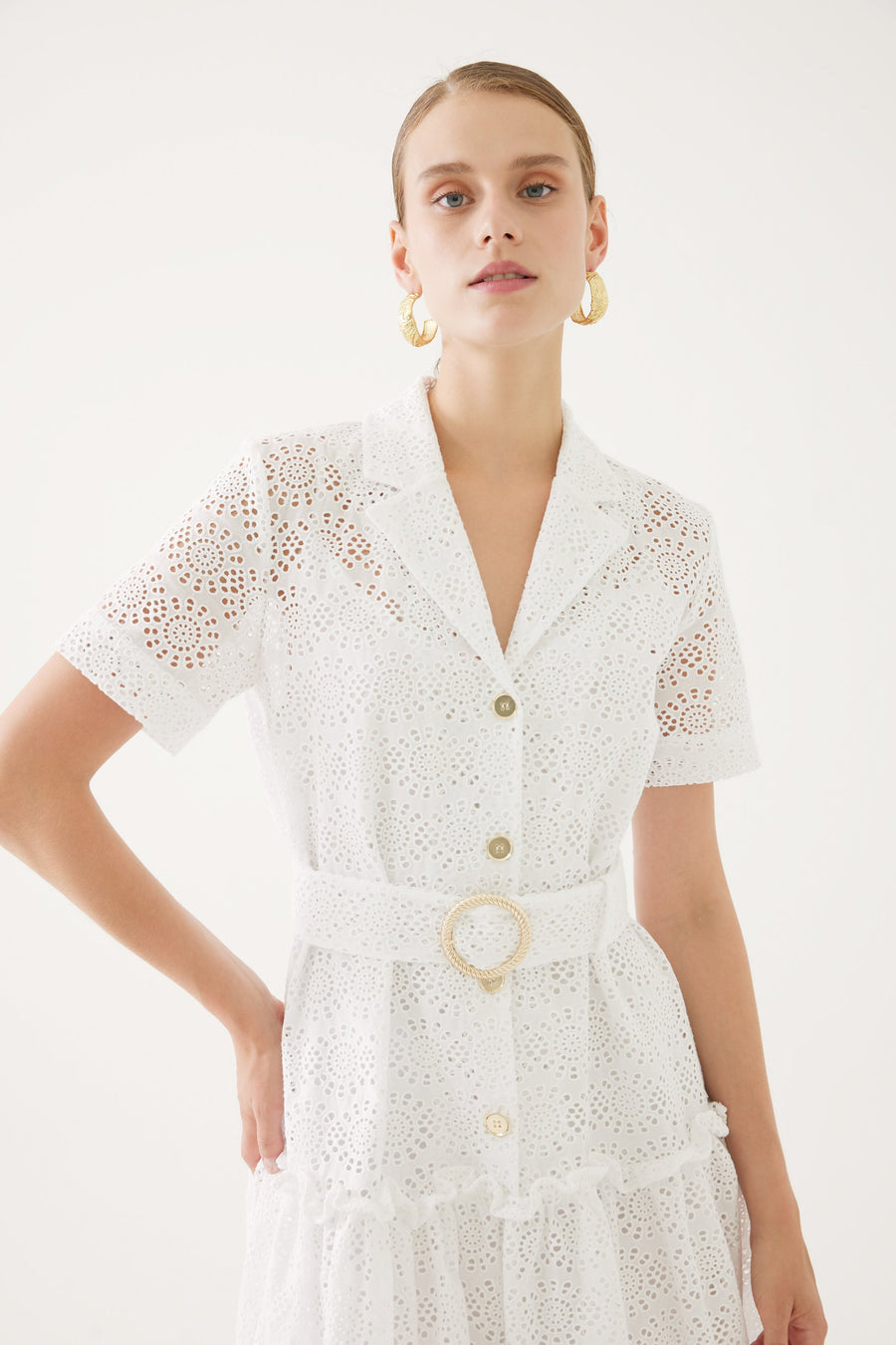 White Embroidered Eyelet Shirt Collar Dress With Belt