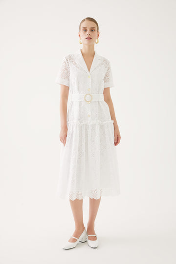 White Embroidered Eyelet Shirt Collar Dress With Belt