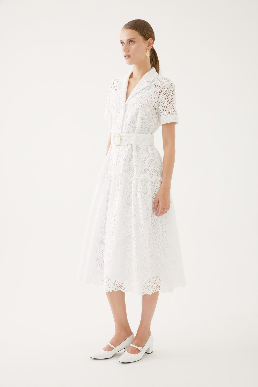 White Embroidered Eyelet Shirt Collar Dress With Belt