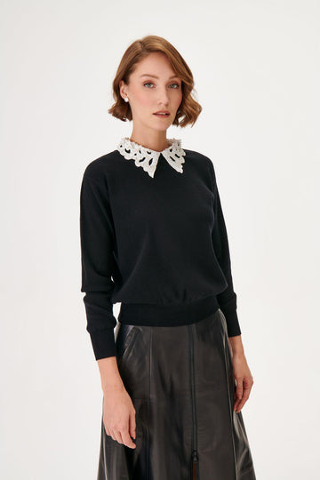 Join Us Embellished Lace Collar Black Knitted Sweater  - Porterist 1