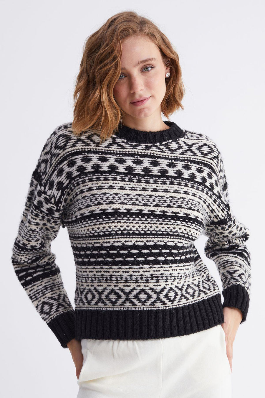 Bike Collar Striped Pattern Black Knit Sweater | Porterist