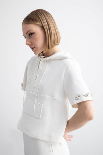 Hooded Lace-up Loose Cut Short Sleeve And Stone Detailed