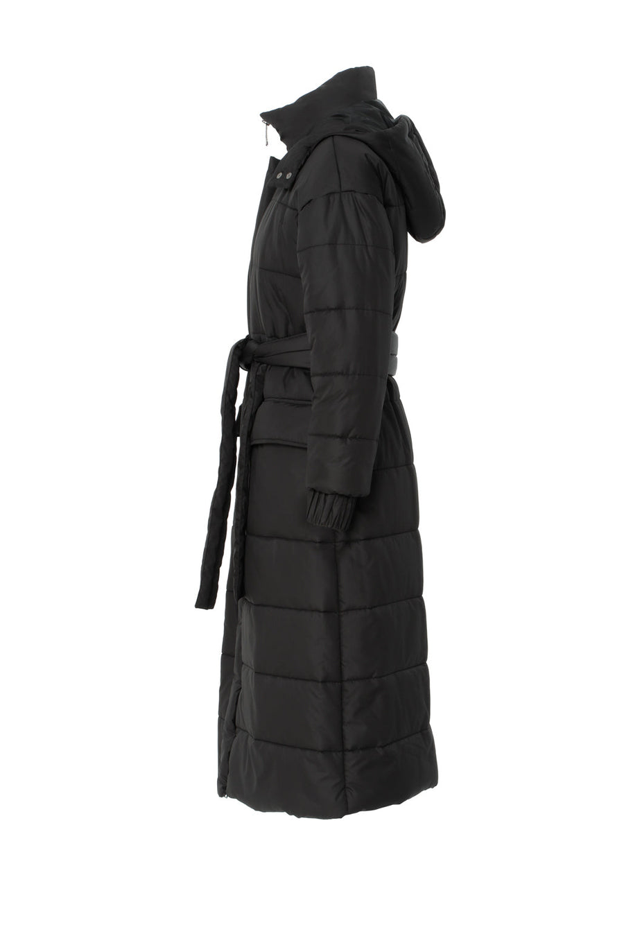 Long Black Inflatable Coat With Hoodie And Pocket Detail