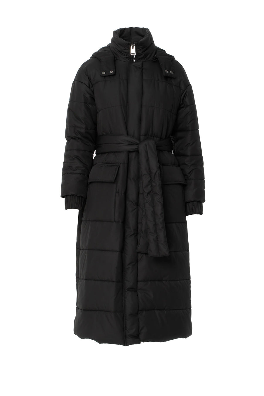 Long Black Inflatable Coat With Hoodie And Pocket Detail