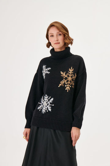 Join Us Snowflake Pattern Turtleneck Black Knitted Sweater  - Porterist 1