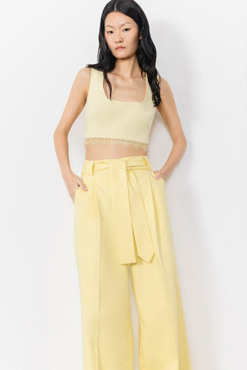 Square Collar Lace Detailed Yellow Crop Top | Porterist