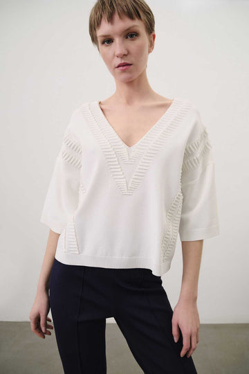 V-neck Ecru Knitwear Sweater | Porterist
