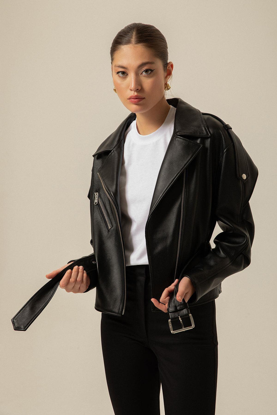 Biker Black Leather Jacket With Belt | Porterist