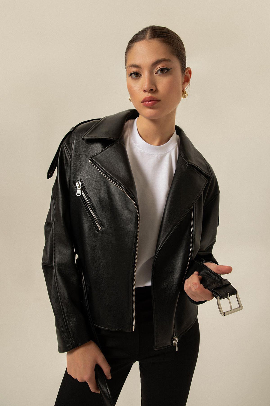 Biker Black Leather Jacket With Belt | Porterist