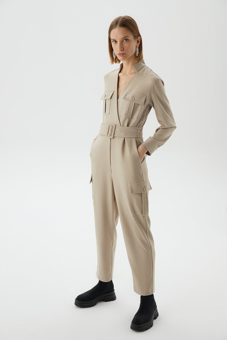 Pocket Detailed Beige Jumpsuit With Belt | Porterist