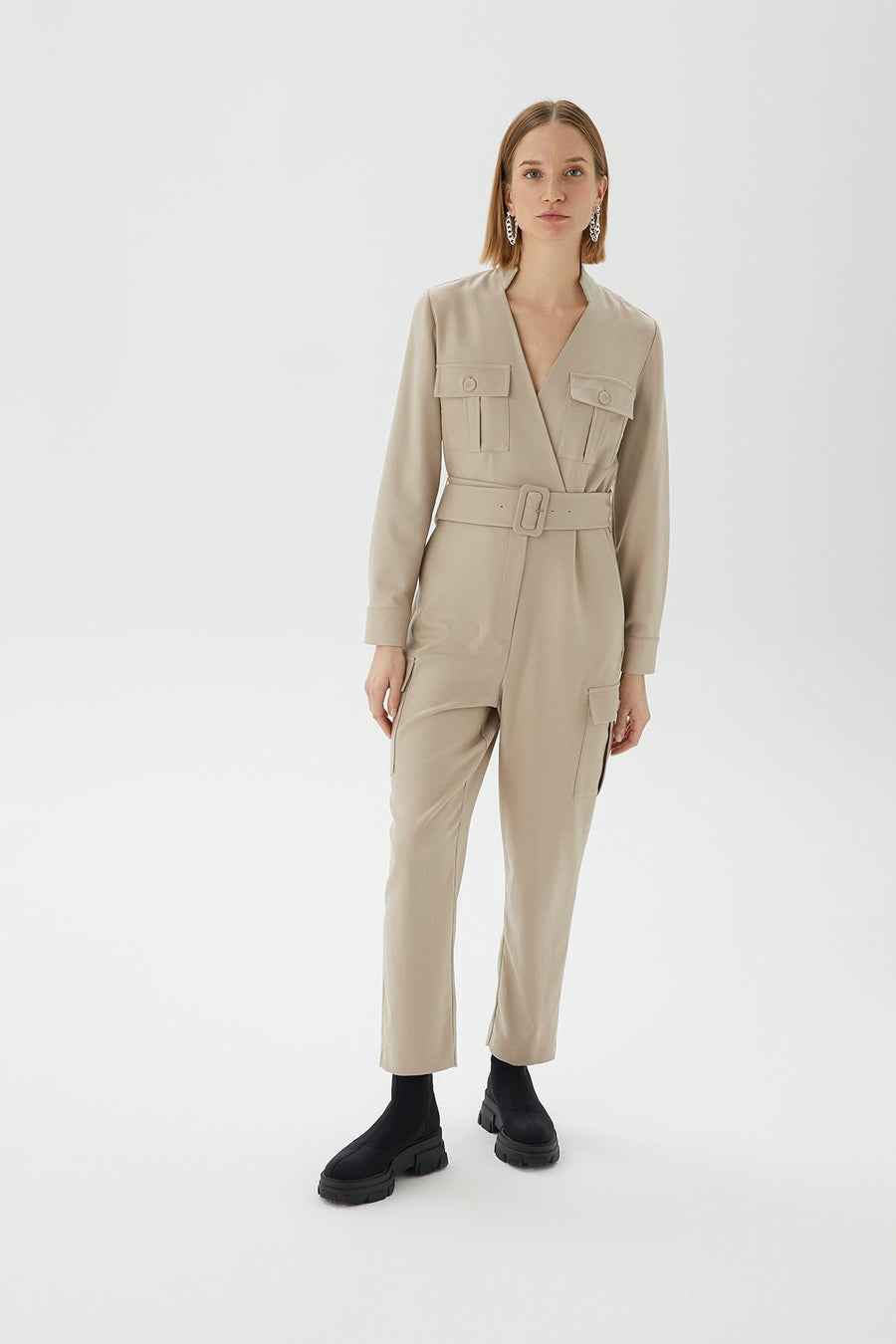 Pocket Detailed Beige Jumpsuit With Belt | Porterist