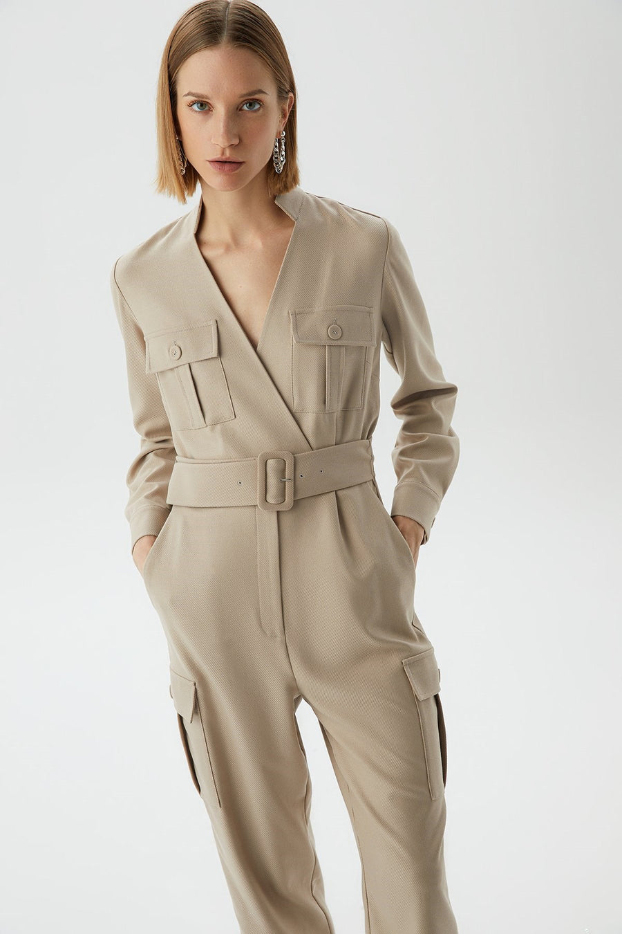 Pocket Detailed Beige Jumpsuit With Belt | Porterist