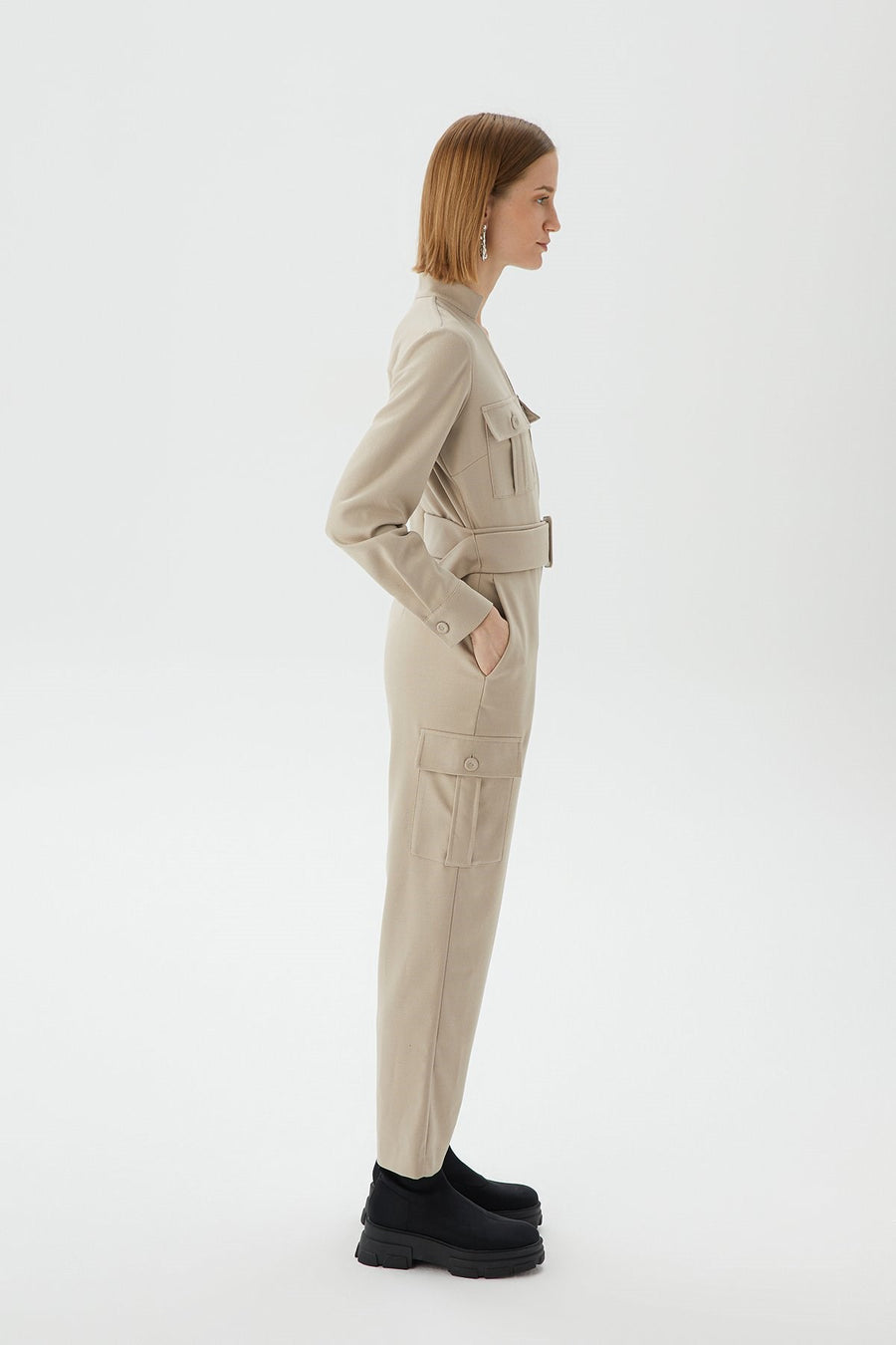 Pocket Detailed Beige Jumpsuit With Belt | Porterist