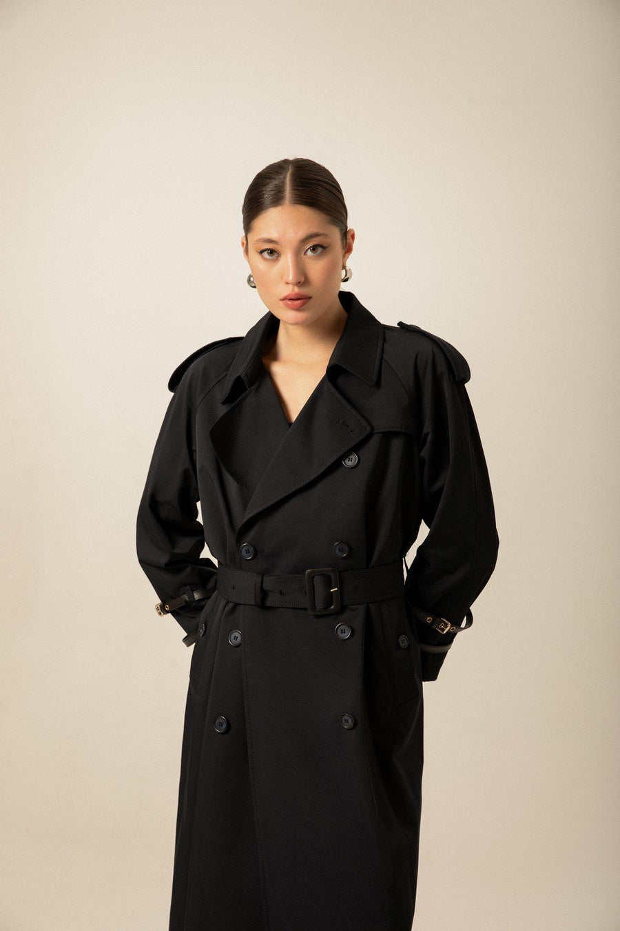 Navy Blue Long Trench Coat With Belt | Porterist