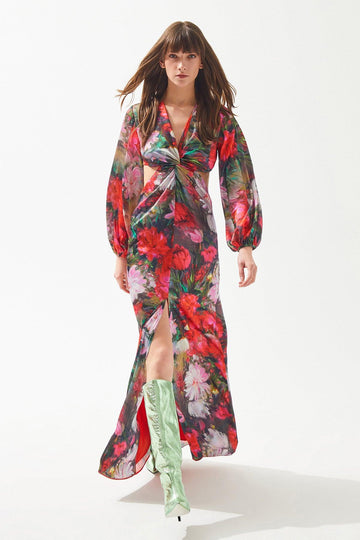 Multicolored Red Rose Patterned Long Dress with Slit with Window Detail