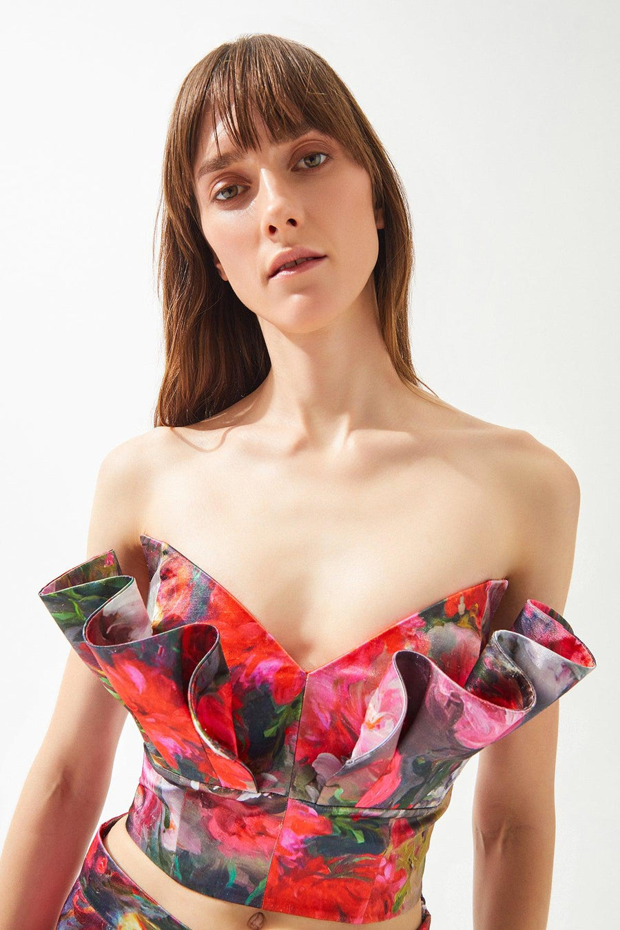 Multicolored Red Rose Patterned Strapless Ruffled Crop