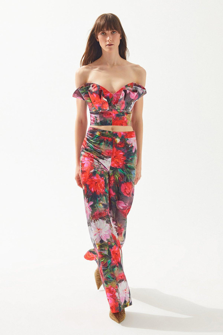 Multicolored Red Rose Patterned Strapless Ruffled Crop