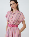 Short Sleeve Shirt Collar Pink Midi Length Dress | Porterist