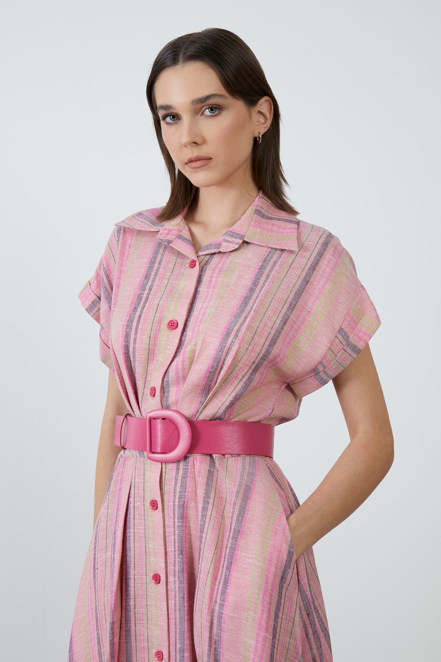 Short Sleeve Shirt Collar Pink Midi Length Dress | Porterist