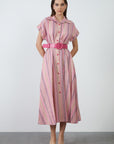 Short Sleeve Shirt Collar Pink Midi Length Dress | Porterist