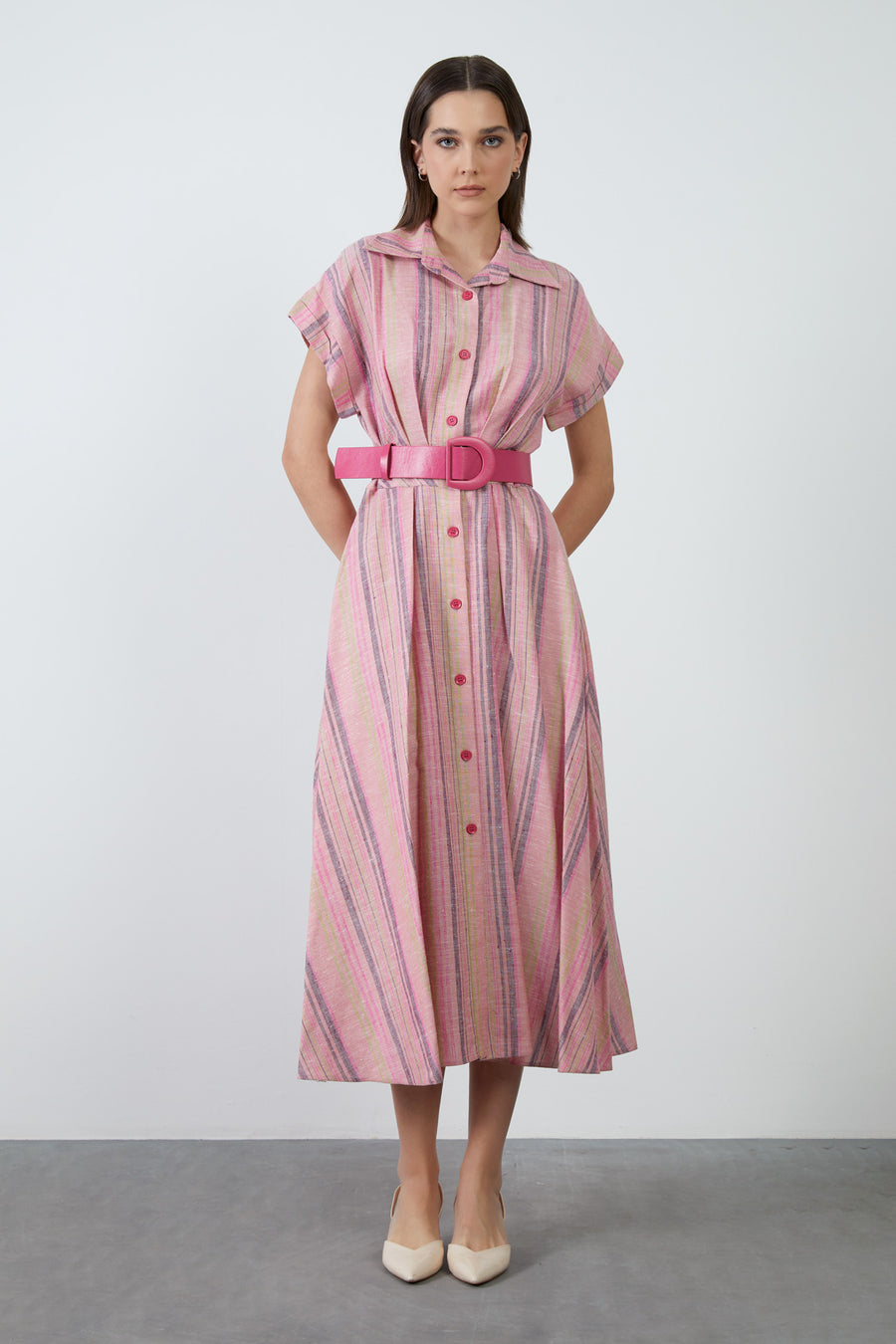 Short Sleeve Shirt Collar Pink Midi Length Dress | Porterist