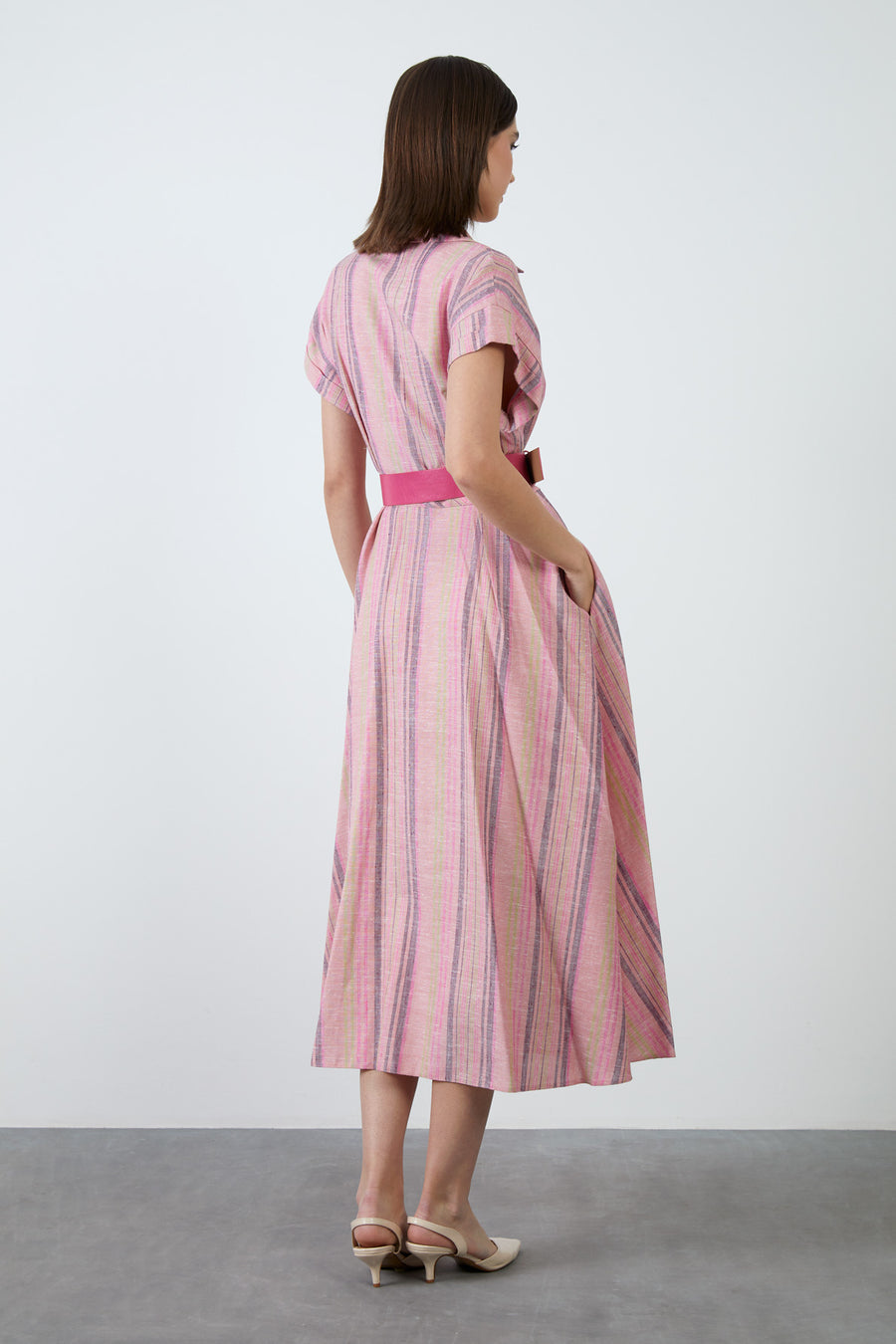 Short Sleeve Shirt Collar Pink Midi Length Dress | Porterist