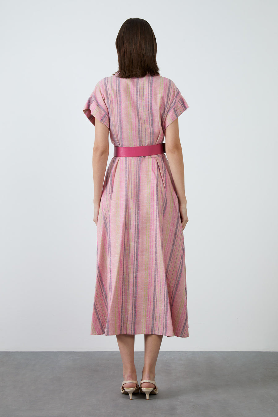 Short Sleeve Shirt Collar Pink Midi Length Dress | Porterist