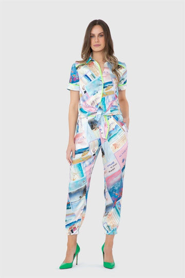 Short Sleeve Colorful Duo Blouse And Trousers Set |