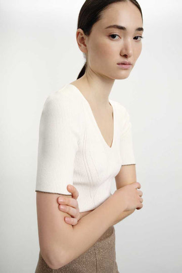 Short Sleeve V-neck Ecru Knitwear Sweater | Porterist
