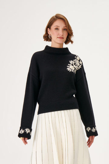 Join Us Contrast Floral Embroidered Woolen Black Knitted Sweater  - Porterist 1