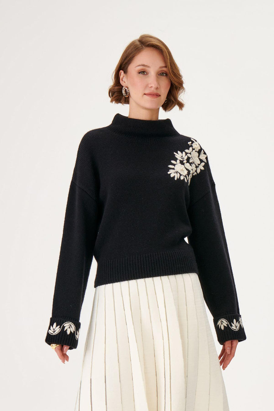 Join us contrast floral embroidered woolen black knitted sweater | porterist