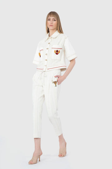 White Shirt With Contrast Fabric And Ethnic Accessory