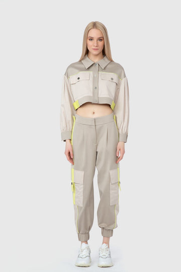 Shabby Beige Trousers With Contrast Neon Tape Detail