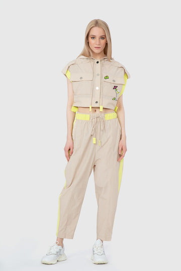 Jogger Beige Trousers With Contrast Neon Band Detail |