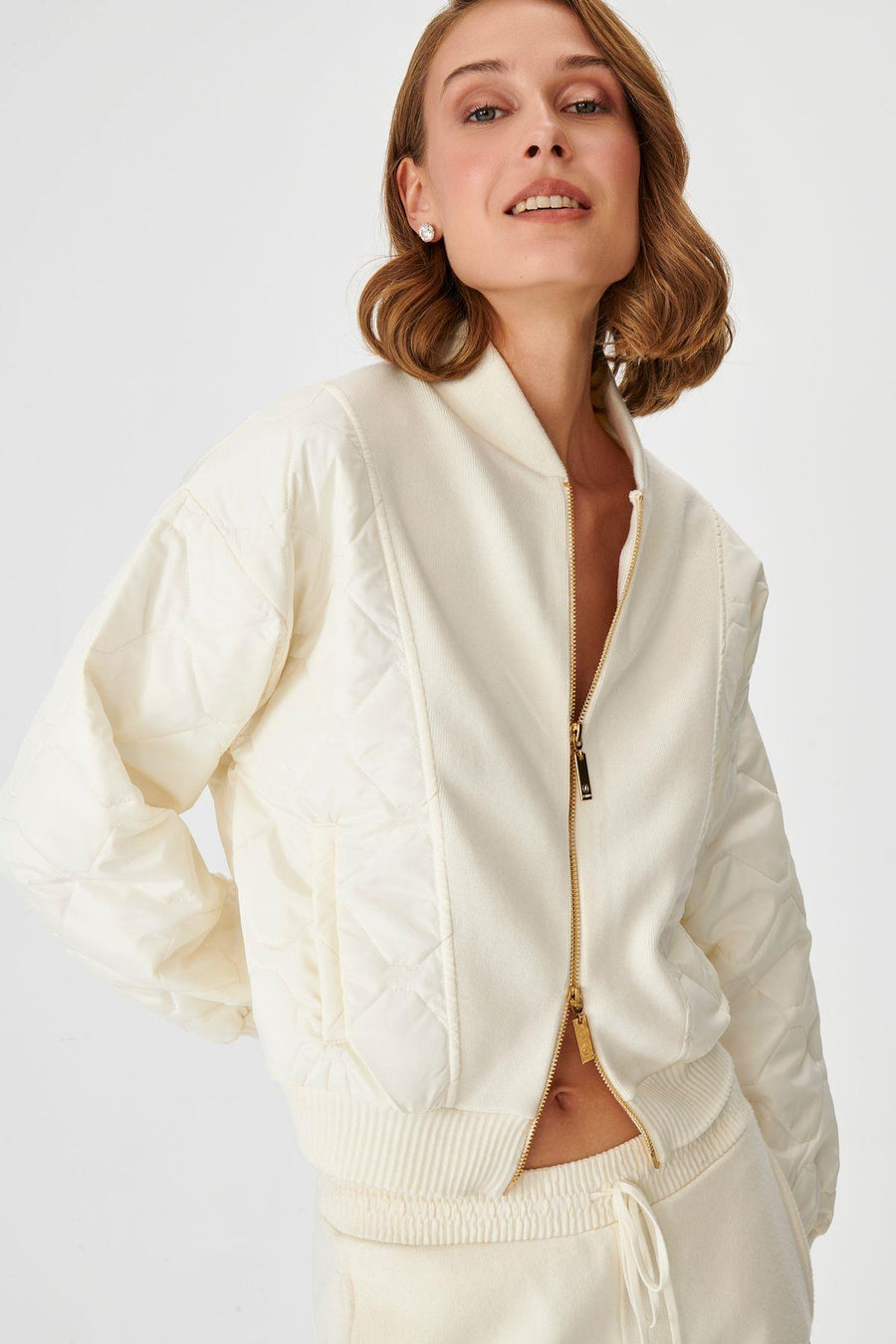 Ecru Bomber Knit Jacket With Fabric Detail | Porterist