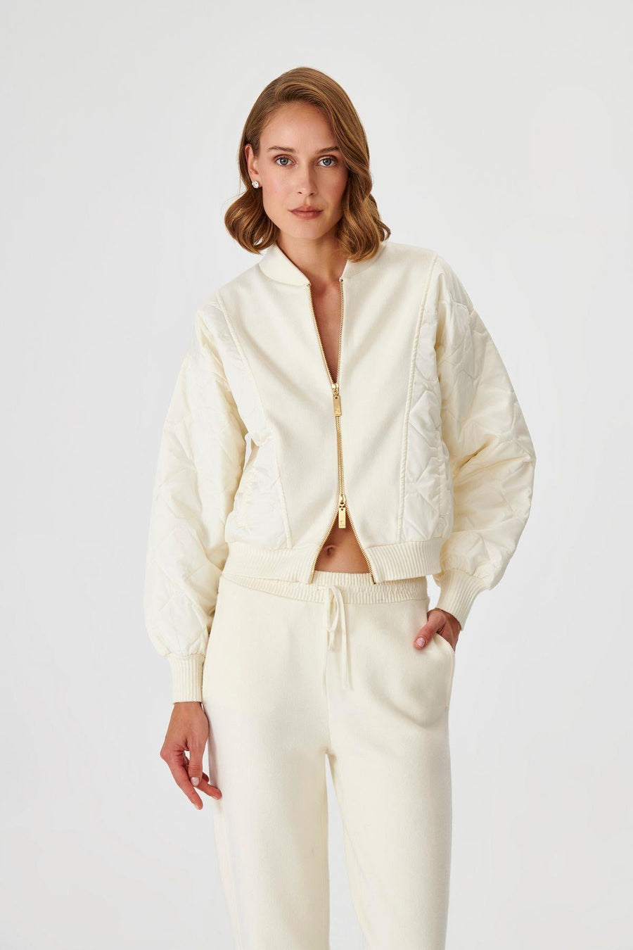 Ecru Bomber Knit Jacket With Fabric Detail | Porterist