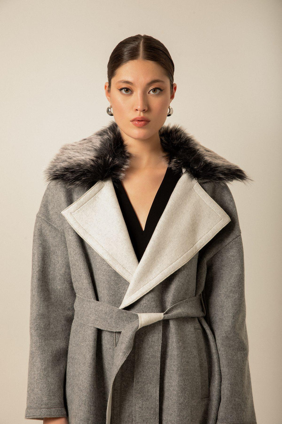 Fur Collar Grey Long Cachê Coat | Porterist