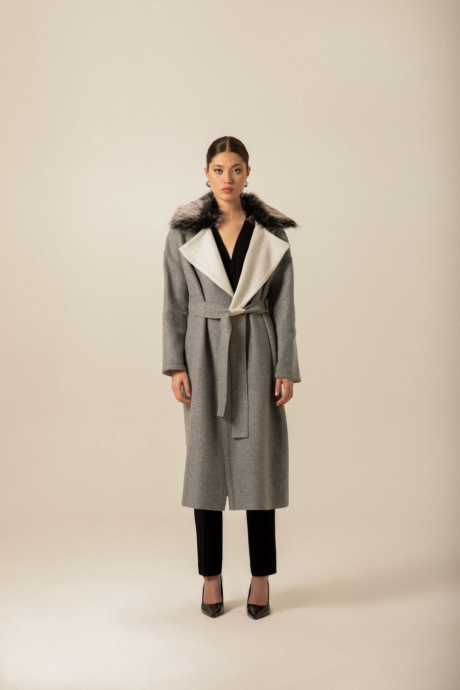 Fur Collar Grey Long Cachê Coat | Porterist