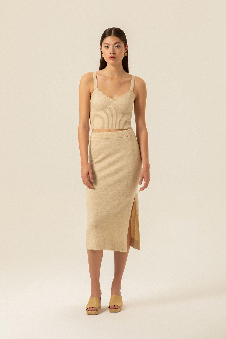 Elasticated Camel Midi Knitwear Skirt | Porterist