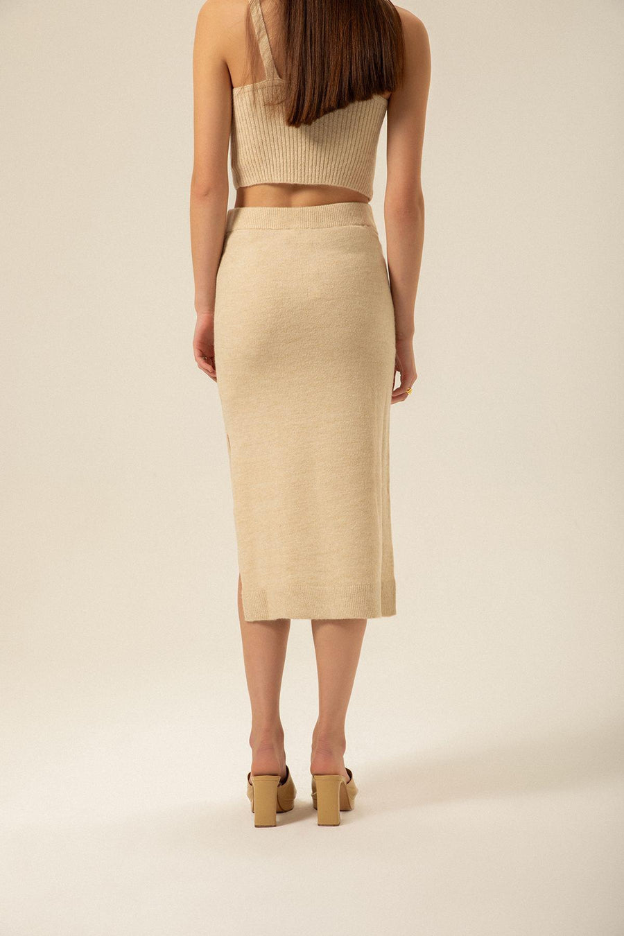 Elasticated Camel Midi Knitwear Skirt | Porterist