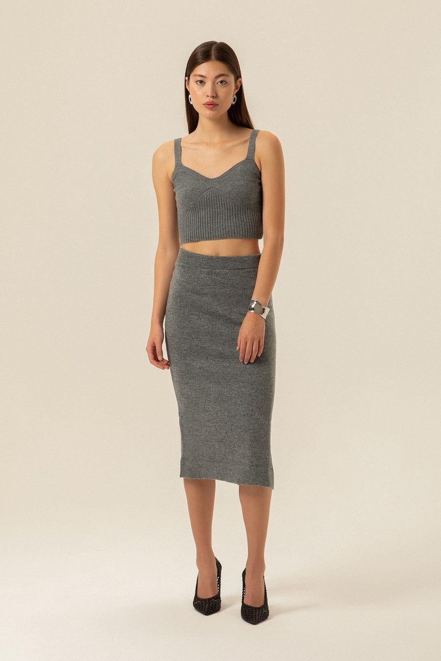 Elasticated Grey Midi Knitwear Skirt | Porterist