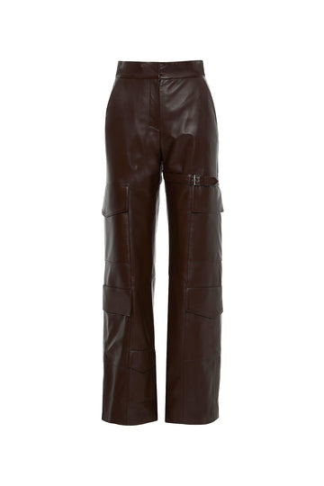 Metal Buckle Detailed Tubular Leg Brown Leather Pants