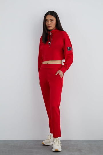 Rear Waist Elasticated Sticker Detail Red Trousers |